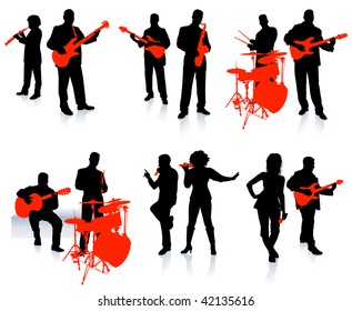 Music group with singers and instruments on white background