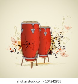 Music grunge background with red drums and notes