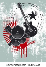 Music Grunge Poster With Speaker And Guitar