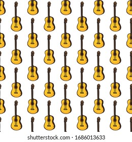music guitar color yellow doodle line style seamless pattern on white background. Vector illustration