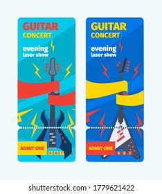 Music guitar concert tickets vertical banner. Template of colorful rock festival laser show bass guitar music fun pop style blue flyer modern jazz party advertising fashion group. Vector decoration.
