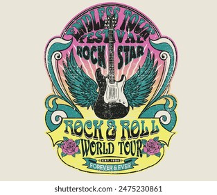 Music guitar with rose flower. Eagle bird wing vintage artwork for apparel, stickers, posters, background and others. Eagle music poster design. Fearless rock tour artwork. Make some noise.	