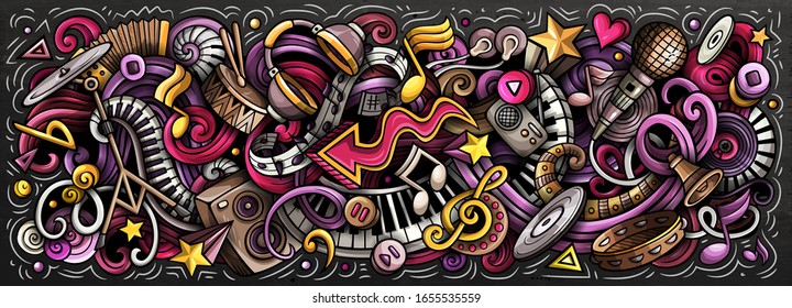 Music hand drawn cartoon doodles illustration. Musical funny objects and elements poster design. Creative art background. Colorful vector banner