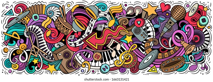 Music hand drawn cartoon doodles illustration. Musical funny objects and elements poster design. Creative art background. Colorful vector banner