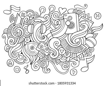 Music hand drawn cartoon doodles illustration. Funny media design. Creative art vector background. Hippie symbols, elements and objects. Sketchy composition