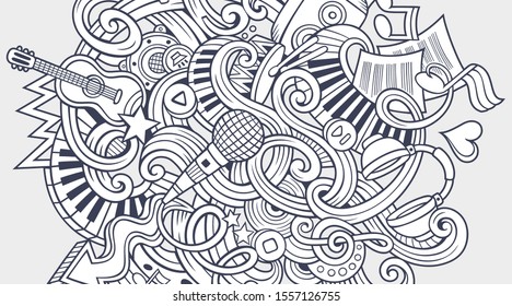 Music hand drawn doodle banner. Cartoon detailed illustrations. Musical identity with objects and symbols. Sketchy vector design elements background
