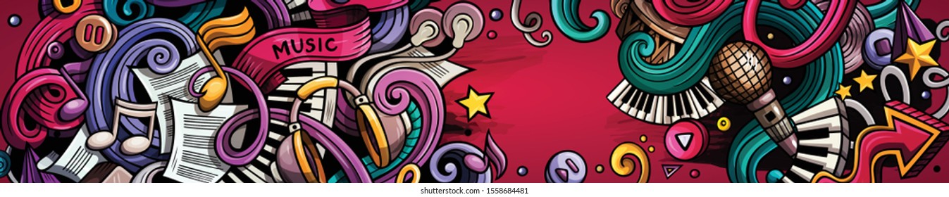 Music hand drawn doodle banner. Cartoon detailed illustrations. Musical identity with objects and symbols. Color vector design elements background