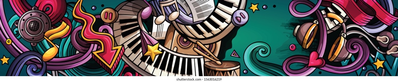 Music hand drawn doodle banner. Cartoon detailed illustrations. Musical identity with objects and symbols. Color vector design elements background