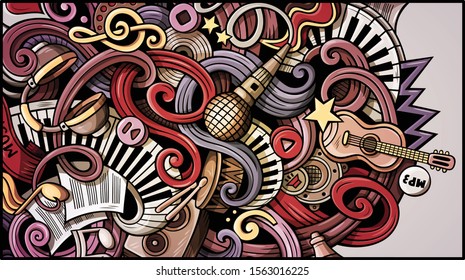 Music hand drawn doodle banner. Cartoon detailed illustrations. Musical identity with objects and symbols. Color vector design elements background