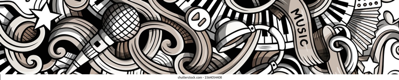 Music hand drawn doodle banner. Cartoon detailed illustrations. Musical identity with objects and symbols. Graphics vector design elements background