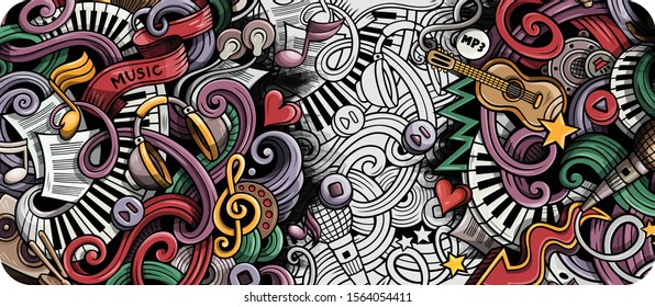 Music hand drawn doodle banner. Cartoon detailed illustrations. Musical identity with objects and symbols. Color vector design elements background