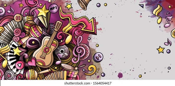 Music hand drawn doodle banner. Cartoon detailed illustrations. Musical identity with objects and symbols. Watercolor vector design elements background