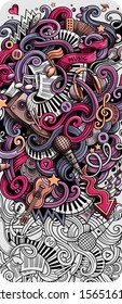Music hand drawn doodle banner. Cartoon detailed illustrations. Musical identity with objects and symbols. Color vector design elements background