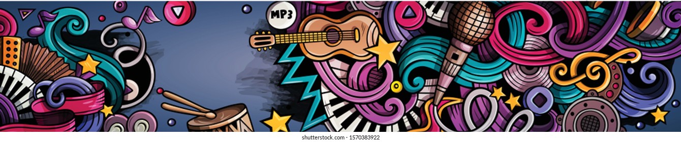 Music hand drawn doodle banner. Cartoon detailed illustrations. Musical identity with objects and symbols. Color vector design elements background