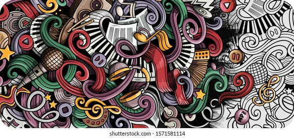 Music hand drawn doodle banner. Cartoon detailed illustrations. Musical identity with objects and symbols. Color vector design elements background