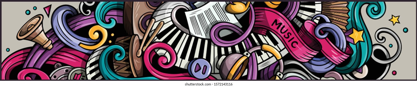 Music hand drawn doodle banner. Cartoon detailed illustrations. Musical identity with objects and symbols. Color vector design elements background