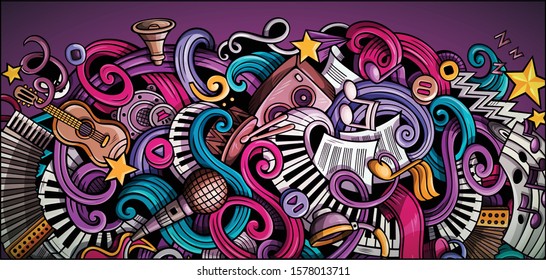 Music hand drawn doodle banner. Cartoon detailed illustrations. Musical identity with objects and symbols. Color vector design elements background