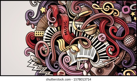 Music hand drawn doodle banner. Cartoon detailed illustrations. Musical identity with objects and symbols. Color vector design elements background