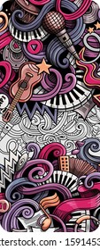 Music hand drawn doodle banner. Cartoon detailed illustrations. Musical identity with objects and symbols. Color vector design elements background