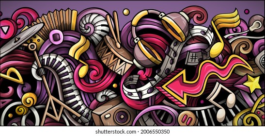 Music hand drawn doodle banner. Cartoon vector detailed flyer. Illustration with musical objects and symbols. Colorful horizontal background