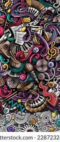 Music hand drawn doodle banner. Cartoon detailed illustrations. Musical identity with objects and symbols. Color vector design elements background