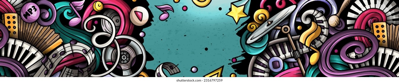 Music hand drawn doodle banner. Cartoon vector detailed flyer. Illustration with musical objects and symbols. Colorful horizontal background