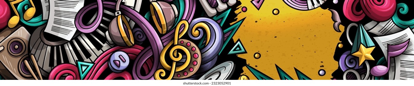 Music hand drawn doodle banner. Cartoon vector detailed flyer. Illustration with musical objects and symbols. Colorful horizontal background