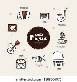 Music hand drawn doodle icons set.