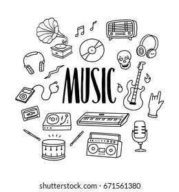 Music hand drawn doodle icons set. Rock and popolar music related doodle illustration.