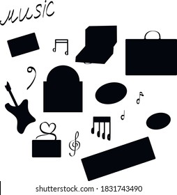 Music  hand drawn doodle set.  musical equipment, headphones, audio, cassette, vinyl record, record player, notes. Musical vector illustrations flat icons and elements.