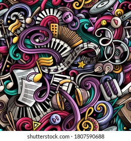 Music hand drawn doodles seamless pattern. Musical instruments background. Cartoon fabric print design. Colorful vector art illustration