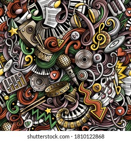 Music hand drawn doodles seamless pattern. Musical instruments background. Cartoon fabric print design. Colorful vector art illustration