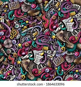 Music hand drawn doodles seamless pattern. Musical instruments background. Cartoon fabric print design. Colorful vector art illustration