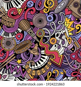 Music hand drawn doodles seamless pattern. Musical instruments background. Cartoon fabric print design. Colorful vector art illustration