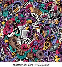 Music hand drawn doodles seamless pattern. Musical instruments background. Cartoon fabric print design. Colorful vector art illustration