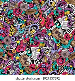 Music hand drawn doodles seamless pattern. Musical instruments background. Cartoon fabric print design. Colorful vector art illustration