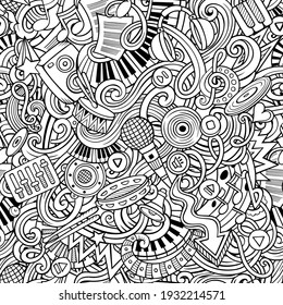 Music hand drawn doodles seamless pattern. Musical instruments background. Cartoon fabric print design. Line art vector art illustration