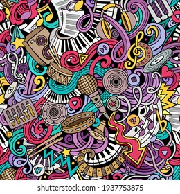 Music Hand Drawn Doodles Seamless Pattern. Musical Instruments Background. Cartoon Fabric Print Design. Colorful Vector Art Illustration