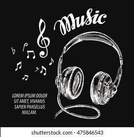 Music. Hand Drawn Headphones. Vector Illustration