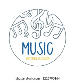 Music. Hand drawn music logo and background.
Musical concept sketch drawing design template.