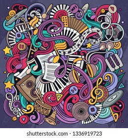 Music hand drawn vector doodles illustration. Musical poster design. Sound elements and objects cartoon background. Bright colors funny picture. All items are separated