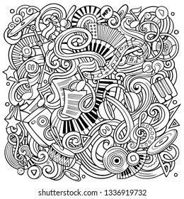 Music hand drawn vector doodles illustration. Musical poster design. Sound elements and objects cartoon background. Contour funny picture. All items are separated