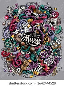 Music hand drawn vector doodles illustration. Musical poster design. Sound elements and objects cartoon background. Bright colors funny picture. All items are separated