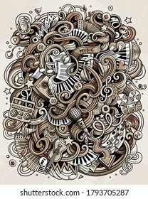 Music hand drawn vector doodles illustration. Musical poster design. Sound elements and objects cartoon background. Monochrome funny picture.