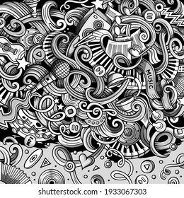 Music hand drawn vector doodles illustration. Musical frame design. Sound elements and objects cartoon background. Graphic funny picture