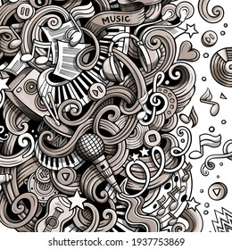 Music hand drawn vector doodles illustration. Musical frame design. Sound elements and objects cartoon background. Graphic funny picture