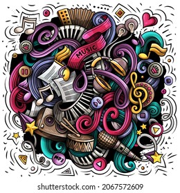 Music hand drawn vector doodles illustration. Musical poster design. Sound elements and objects cartoon background. Bright colors funny picture. All items are separated