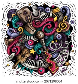 Musik handgezeichnet Vektordoodles Illustration. Musikalisches Plakatdesign. Klangelemente und Objekte, Cartoon-Hintergrund. Helle Farben lustiges Bild. Alle Artikel sind getrennt