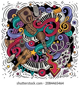 Music hand drawn vector doodles illustration. Musical poster design. Sound elements and objects cartoon background. Bright colors funny picture. All items are separated