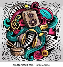 Music hand drawn vector doodles illustration. Musical poster design. Sound elements and objects cartoon background. Bright colors funny picture